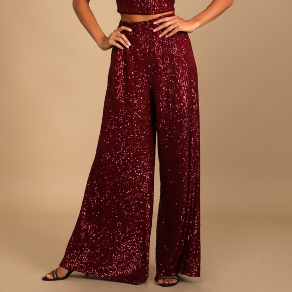 Lulus Flawless Sparkle Wine Red Sequin Wide-leg Pants - Size XL